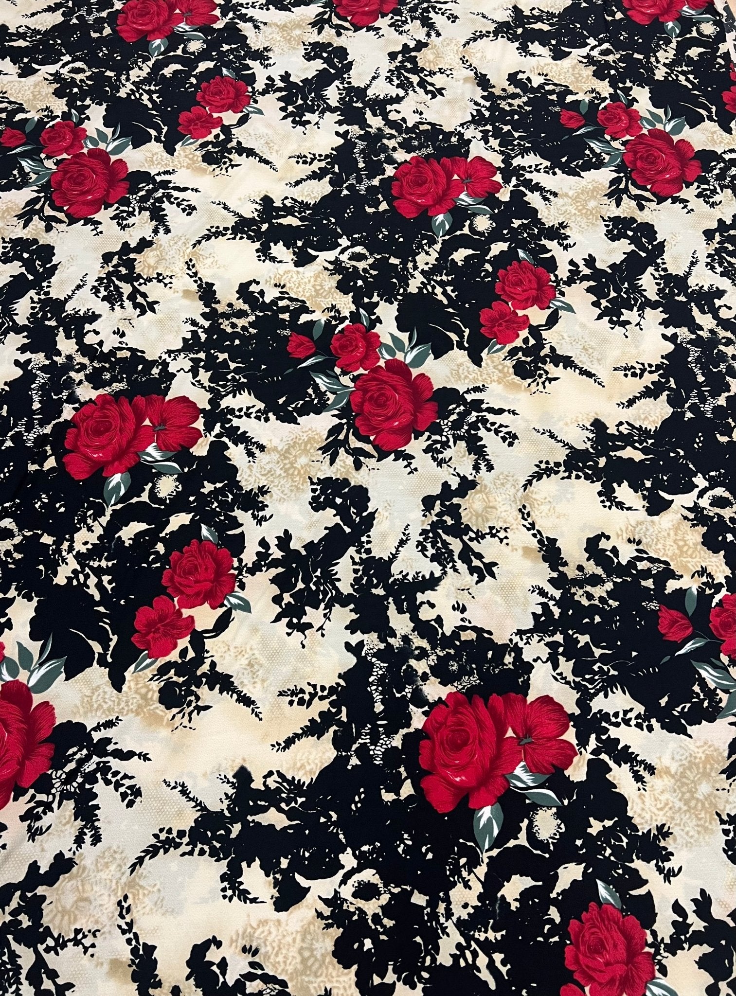 Beige Black Floral Print ITY Fabric 2 Way Stretch - T9 Fabrics